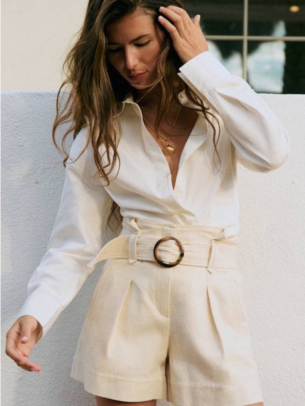 Sezane Cream High-Waist Pleated Shorts with Tortoiseshell Ring Belt